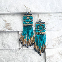 Load image into Gallery viewer, Seed Bead Tribal Fringe Earrings - Turquoise Tribal