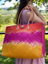 Load image into Gallery viewer, Coral & Fuchsia Ombre Large Straw Beach Bag w/ Plastic Liner