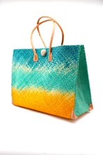 Load image into Gallery viewer, Turquoise & Saffron Ombre Large Straw Beach Bag w/ Plastic Liner
