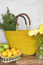 Load image into Gallery viewer, Sunny Yellow Tote Basket with Brown Leather Handles