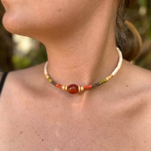 Load image into Gallery viewer, Beaded Choker Necklace with Centered Semi-Precious Stone - White/Red Jasper