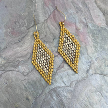 Load image into Gallery viewer, Mustard & Gold -Seed Bead Diamond Shaped Earrings