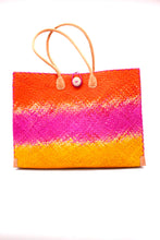 Load image into Gallery viewer, Coral & Fuchsia Ombre Large Straw Beach Bag w/ Plastic Liner