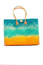 Load image into Gallery viewer, Turquoise & Saffron Ombre Large Straw Beach Bag w/ Plastic Liner