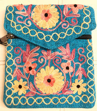 Load image into Gallery viewer, Turquoise Embroidered Floral 3-Pocket Shoulder Bag
