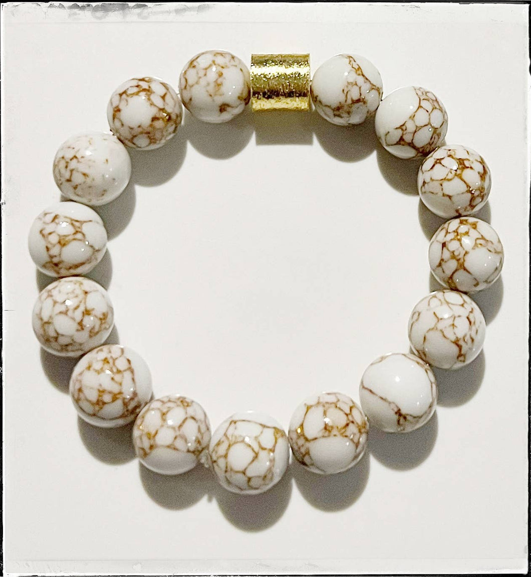 White Gold Lace Gemstone Bead Stretch Bracelet Jasper: 7”