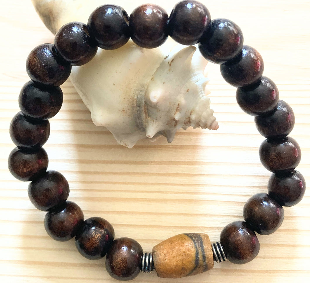 Dark Brown Krobo Bead & Wood Bracelet