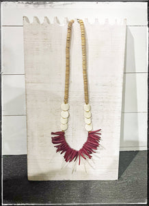 African Bone Bead & Maroon Coconut Wood Stick Bead Necklace