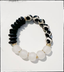 Recycled Glass/Agate Giraffe Stone Beaded Stretch Bracelet: 7”