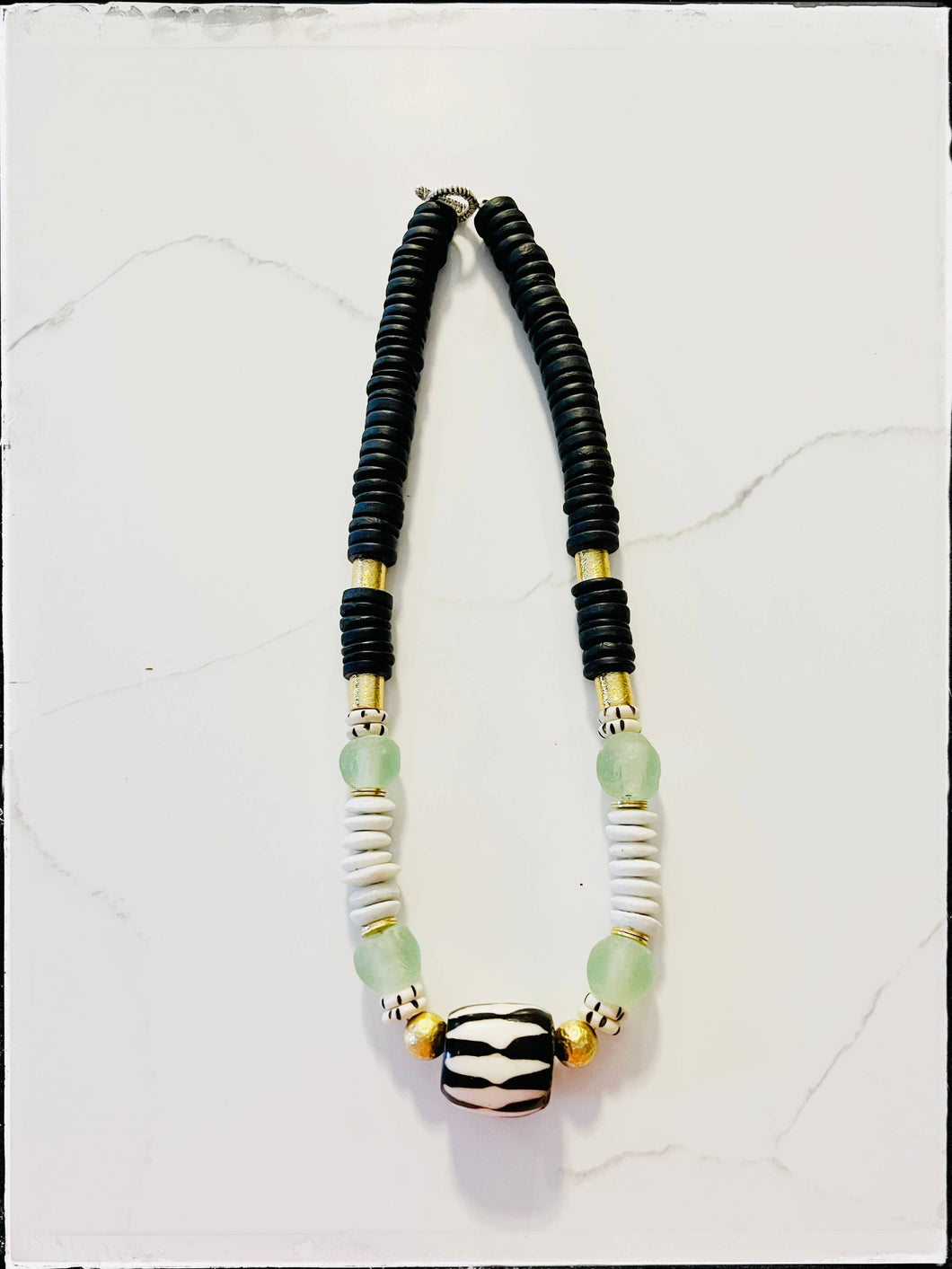 Short African Bone Bead Cylinder Pendant Necklace