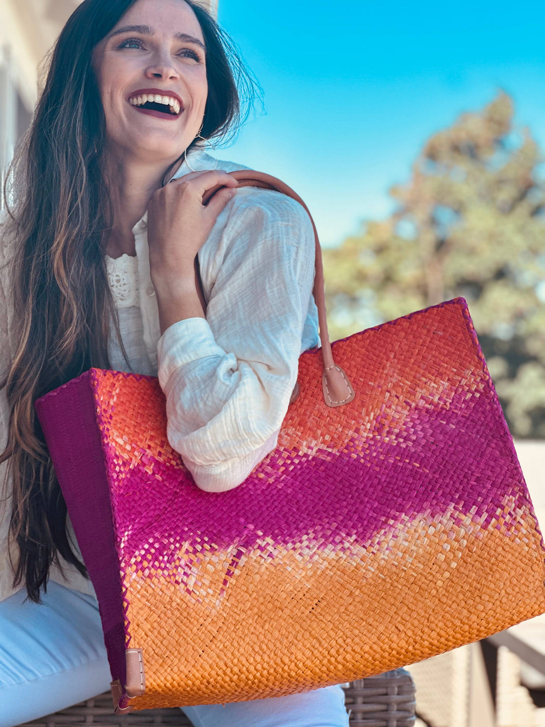 Coral & Fuchsia Ombre Large Straw Beach Bag w/ Plastic Liner