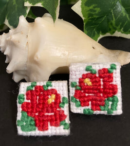Embroidered Flower Earrings- RED