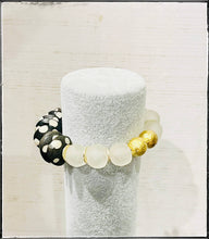 Load image into Gallery viewer, Recycled Glass &amp; Black Polka Dot Bone Bead Stretch Bracelet: 7”
