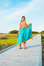 Load image into Gallery viewer, Teal &amp; Lime Kenyan Beach Towel with Pocket
