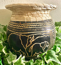 Load image into Gallery viewer, Small Carved Calabash Gourd Vessel with Basketry Rim

