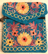 Load image into Gallery viewer, Turquoise Embroidered Floral 3-Pocket Shoulder Bag

