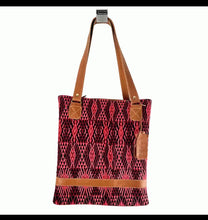 Load image into Gallery viewer, Pink &amp; Black Huipil Tote - Brown Leather
