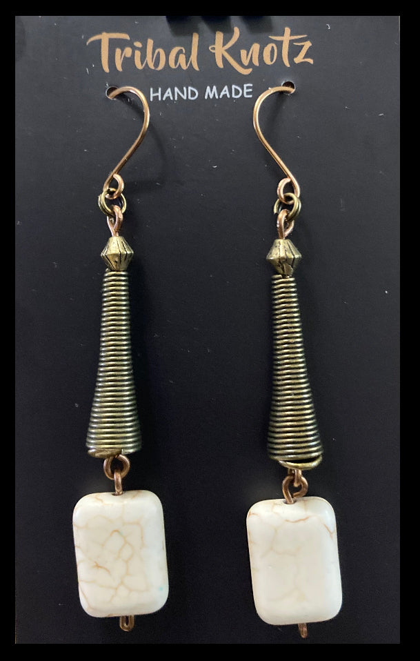 Rectangle Howlite and Brass Coil Earrings