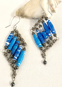 Brazilian Paper Bead Earrings in Blue