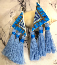 Load image into Gallery viewer, Blue Embroidered Fringe Earrings
