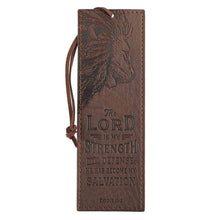 Load image into Gallery viewer, The Lord Is My Strength Ex. 15:2- Brown Faux Leather Bookmark
