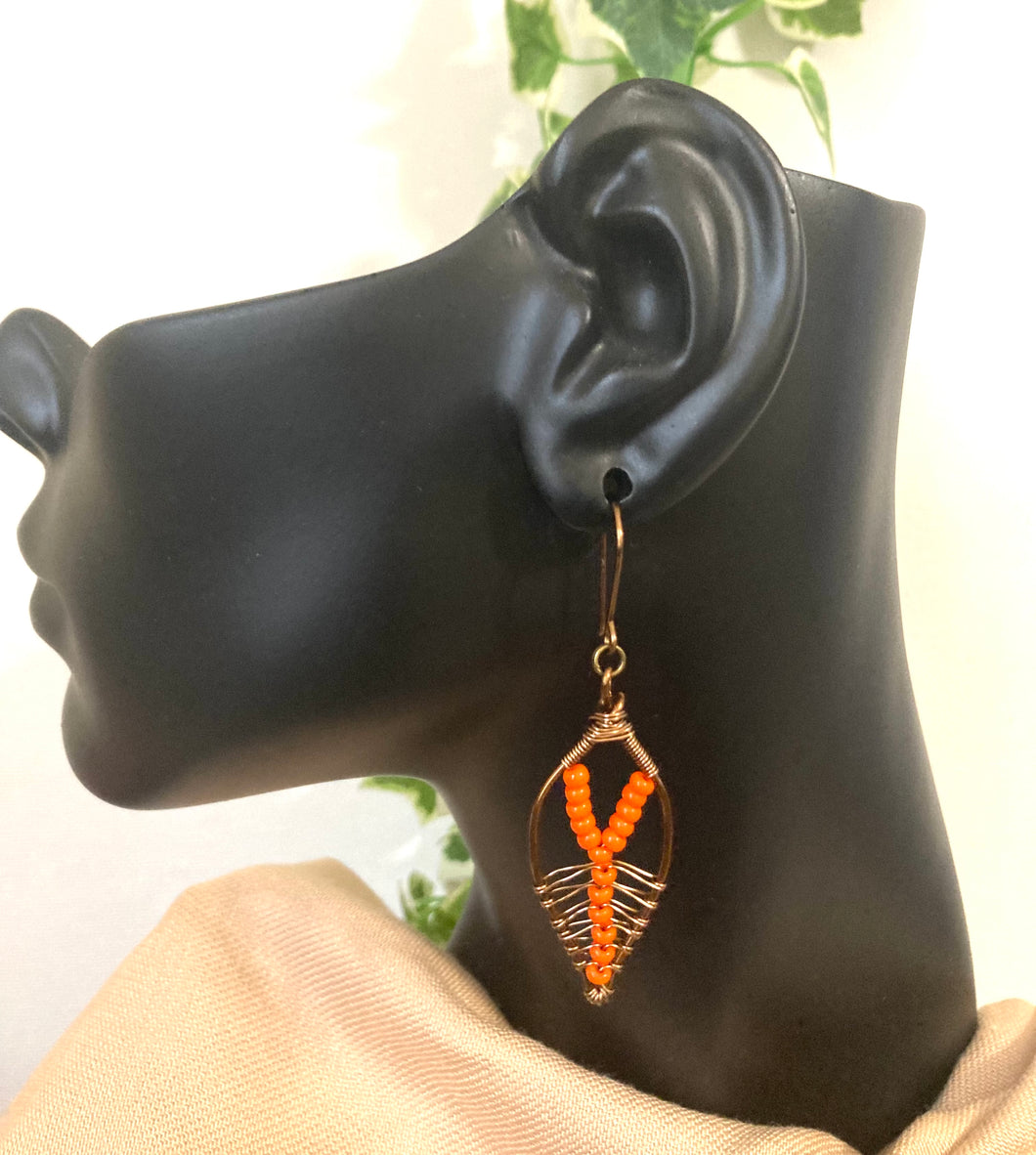 Orange Brass Leaf Earrings