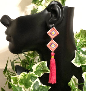 Pink Embroidered Fringe Earrings