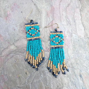 Seed Bead Tribal Fringe Earrings - Multiple Color Styles: Turquoise Tribal