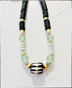 Short African Bone Bead Cylinder Pendant Necklace