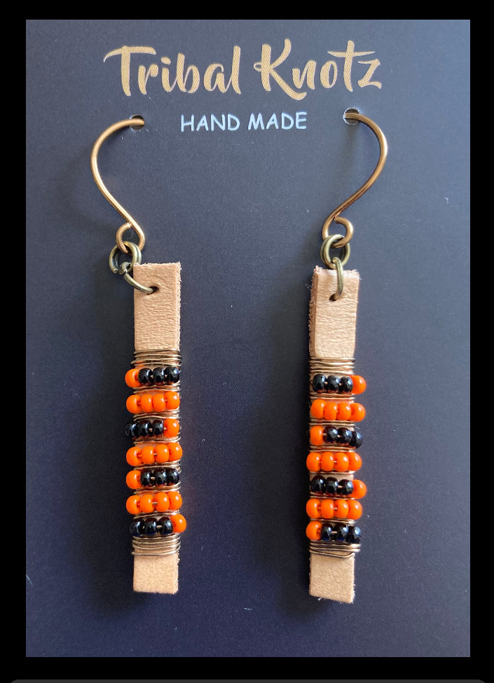 Leather Stick Earrings- Orange/Black