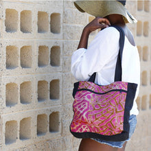 Load image into Gallery viewer, Pink &amp; Black Combo Tote | Recycled Batik and Recycled Corte Fabric
