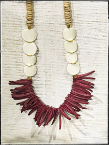 African Bone Bead & Maroon Coconut Wood Stick Bead Necklace