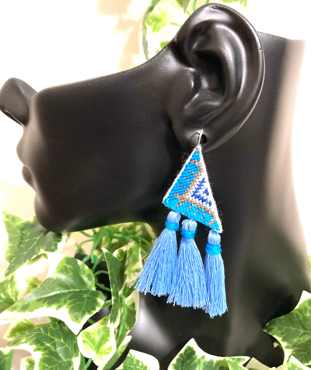 Blue Embroidered Fringe Earrings