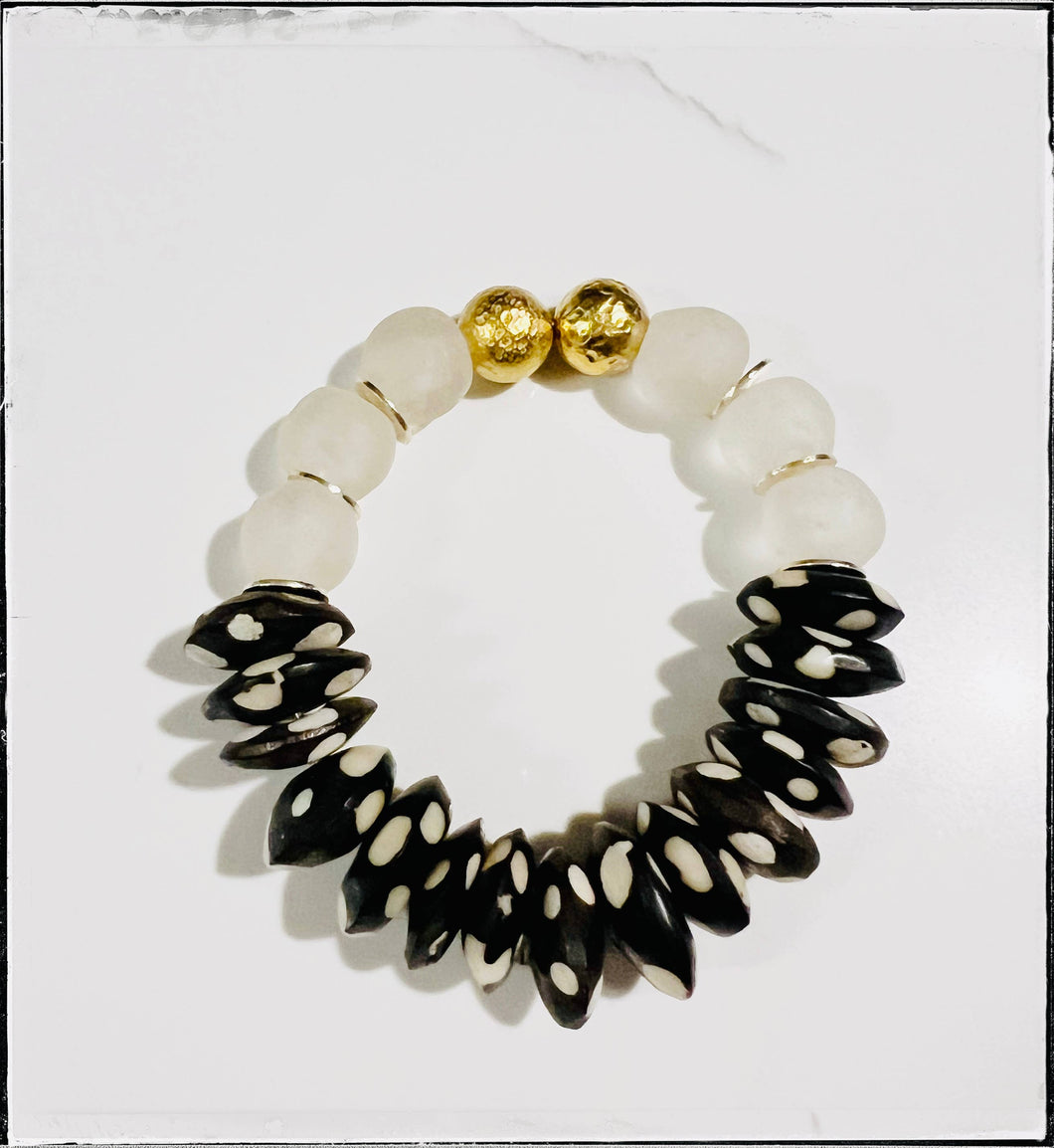 Recycled Glass & Black Polka Dot Bone Bead Stretch Bracelet: 7”