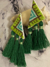 Load image into Gallery viewer, Green Embroidered Fringe Earrings
