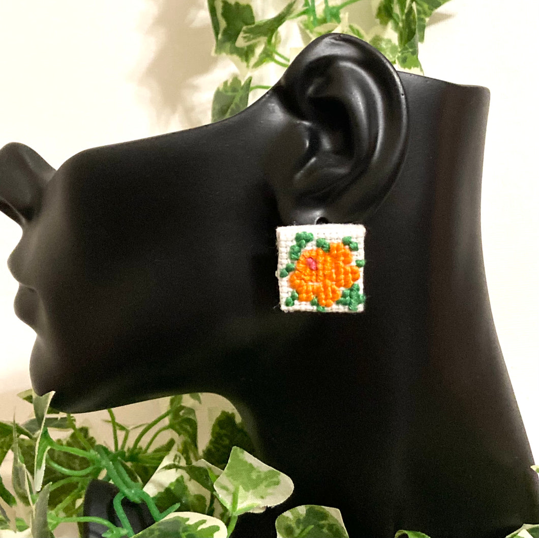 Embroidered Flower Earrings- ORANGE