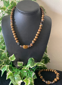 Tiger Eye & Wood Necklace Set