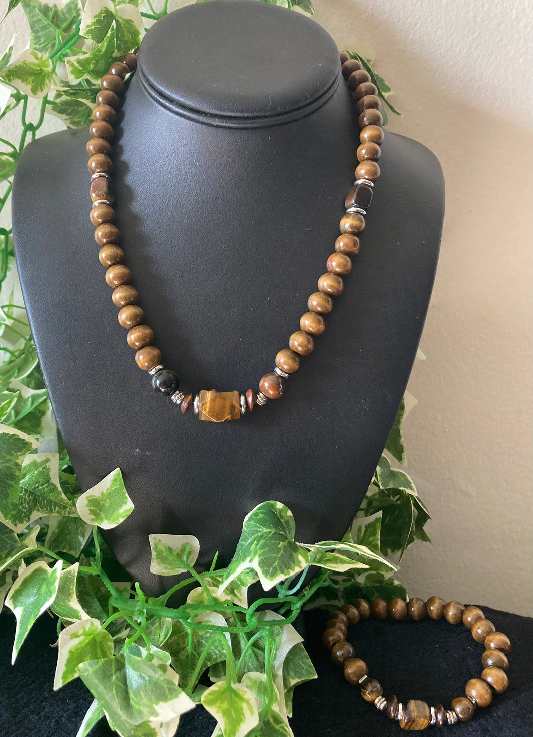 Tiger Eye & Wood Necklace Set