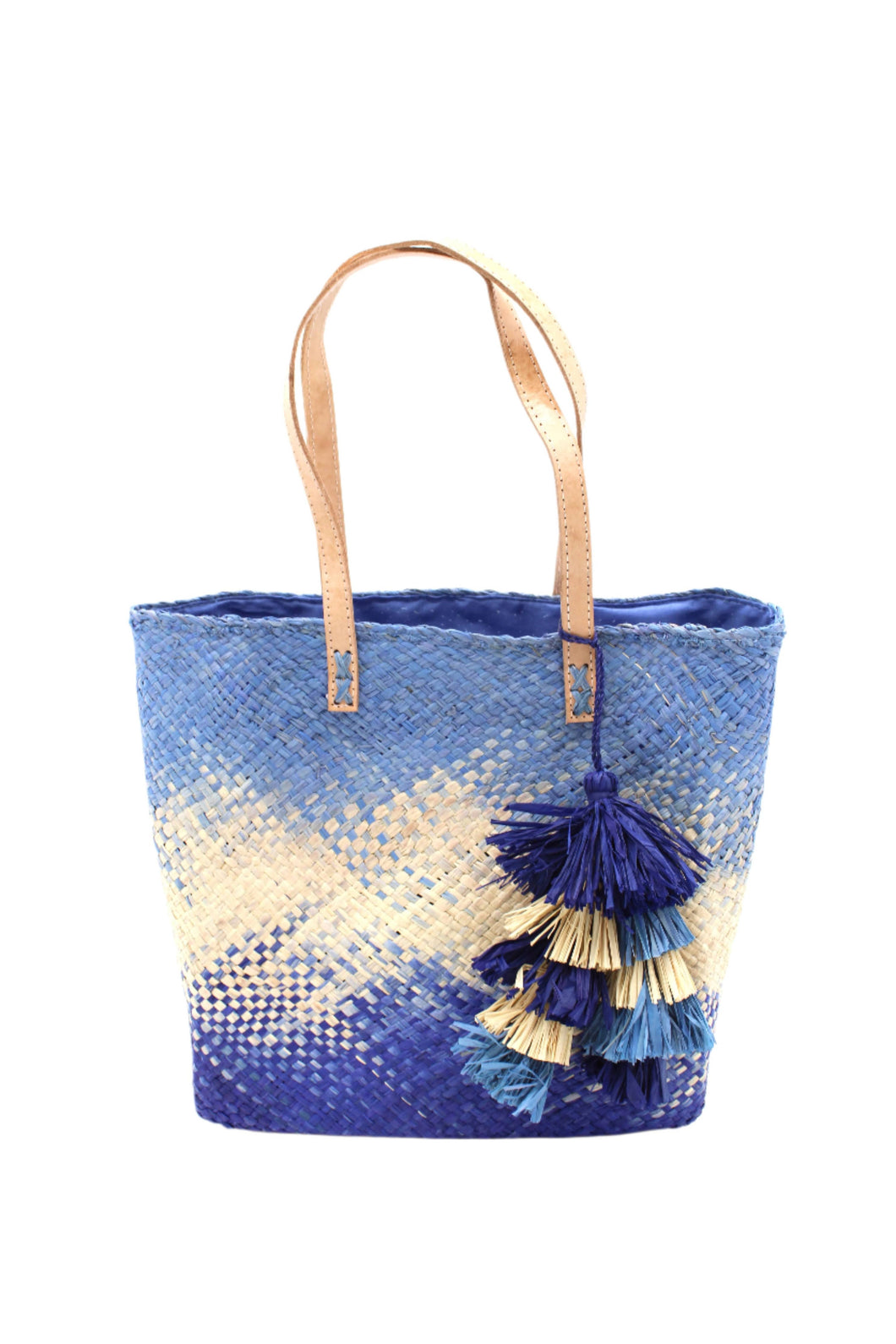 Denim Ombre Straw Handbag with Tassel Charm Embellishment