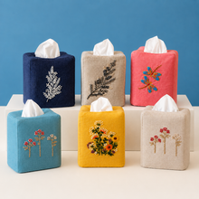 Load image into Gallery viewer, Red Orange Linen Hand Embroidered Tissue Box Cover
