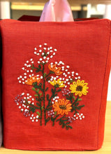 Load image into Gallery viewer, Red Orange Linen Hand Embroidered Tissue Box Cover
