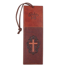 Load image into Gallery viewer, John 3:16 Brown Two-Tone Cross Faux Leather Bookmark
