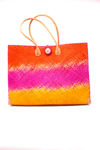 Coral & Fuchsia Ombre Large Straw Beach Bag w/ Plastic Liner