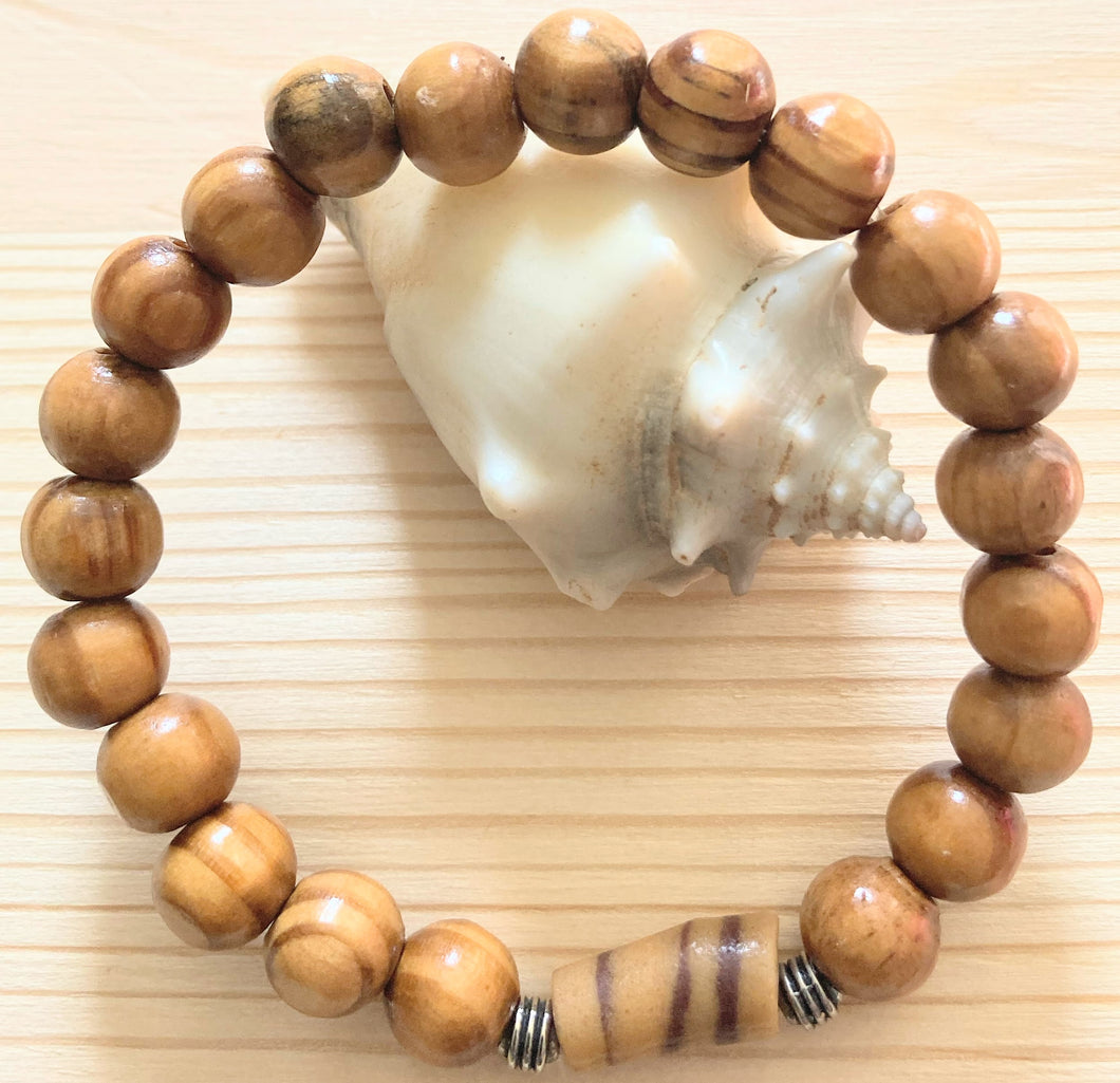 Light Brown Krobo Bead & Wood Bracelet