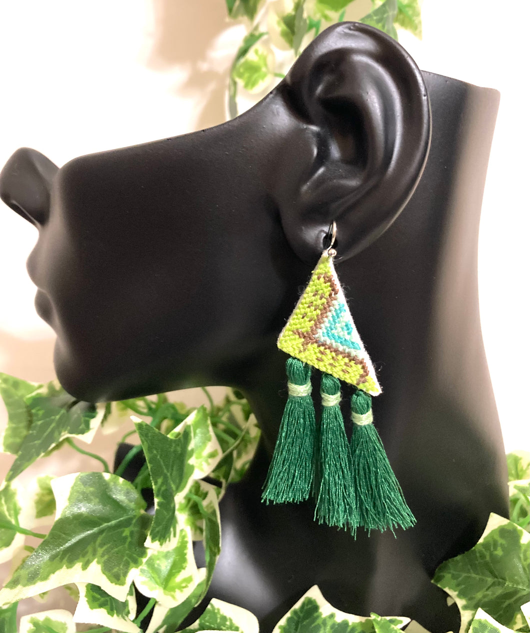 Green Embroidered Fringe Earrings