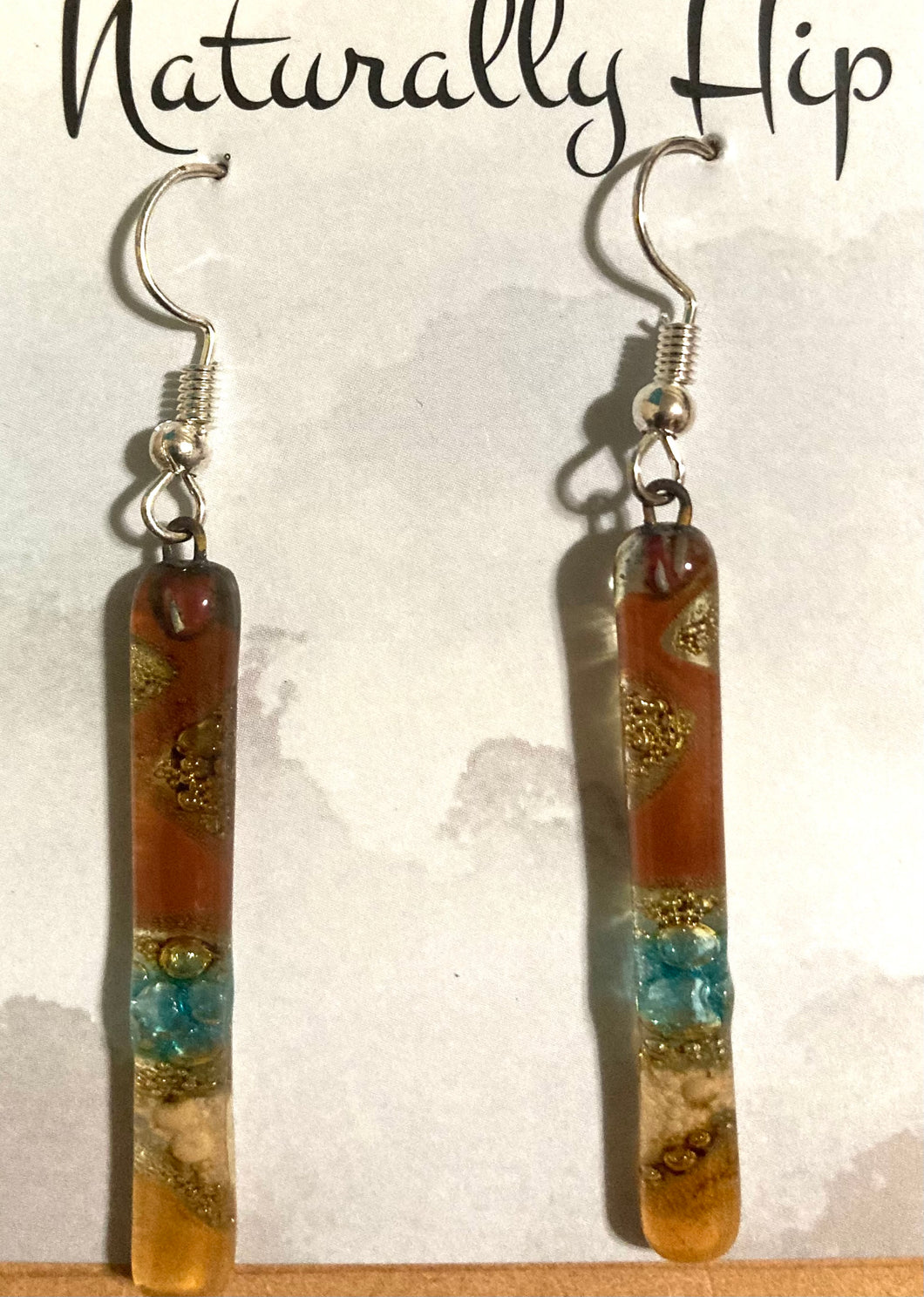 Glass Earrings - Rust, Blue Gold-L