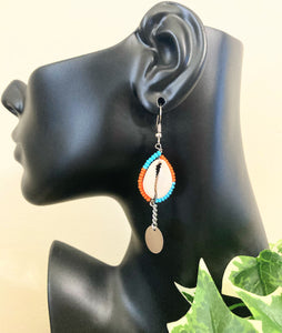 Beaded Maasai Cowrie Earrings- Blue/Orange