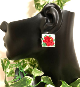 Embroidered Flower Earrings- RED