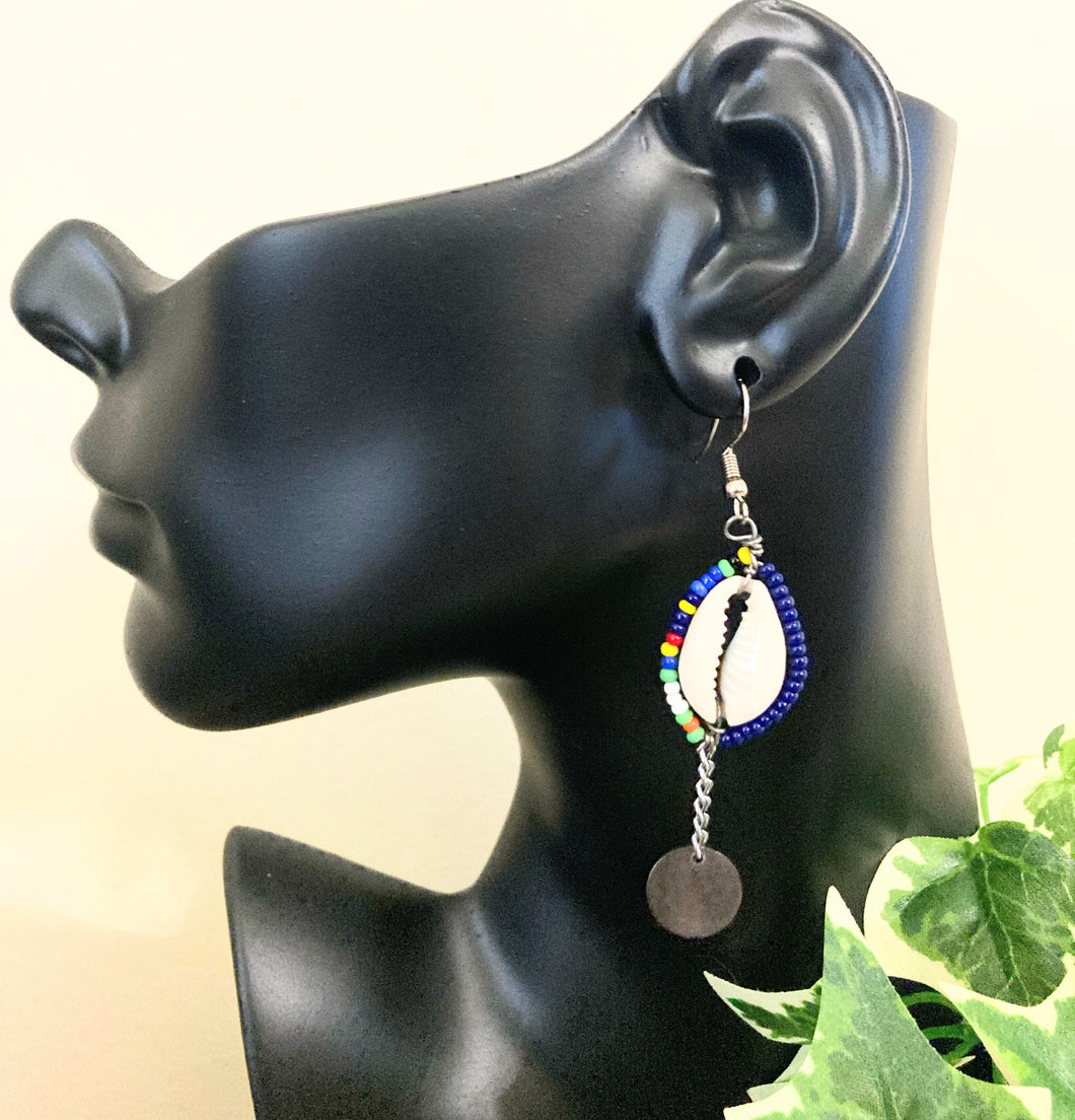 Beaded Maasai Cowrie Earrings- Blue/Multicolored