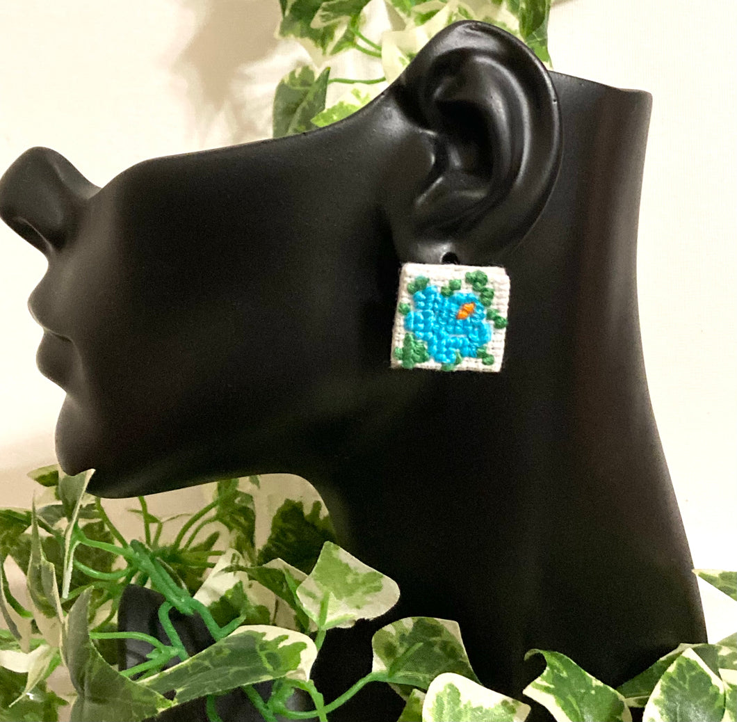 Embroidered Flower Earrings- BLUE
